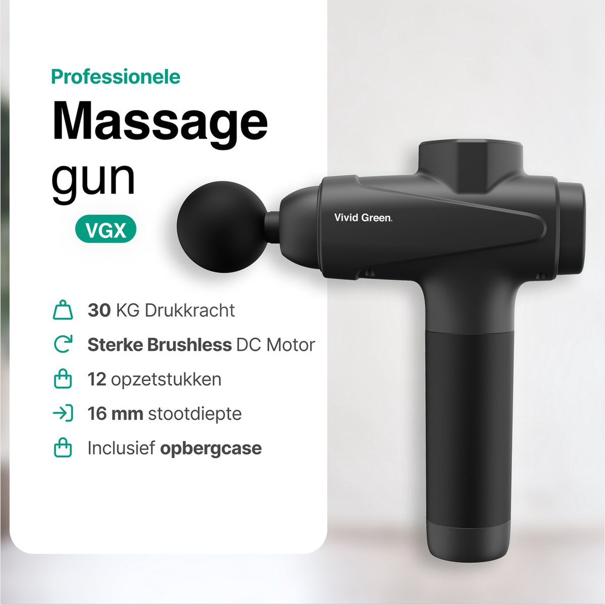 Black massage gun with VGX logo, 30 kg pressure, brushless motor, 12 heads.