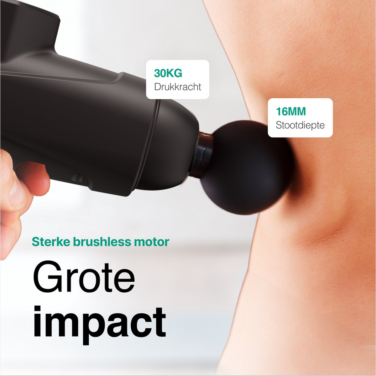 Black massage gun head on skin, 30kg pressure, 16mm depth.