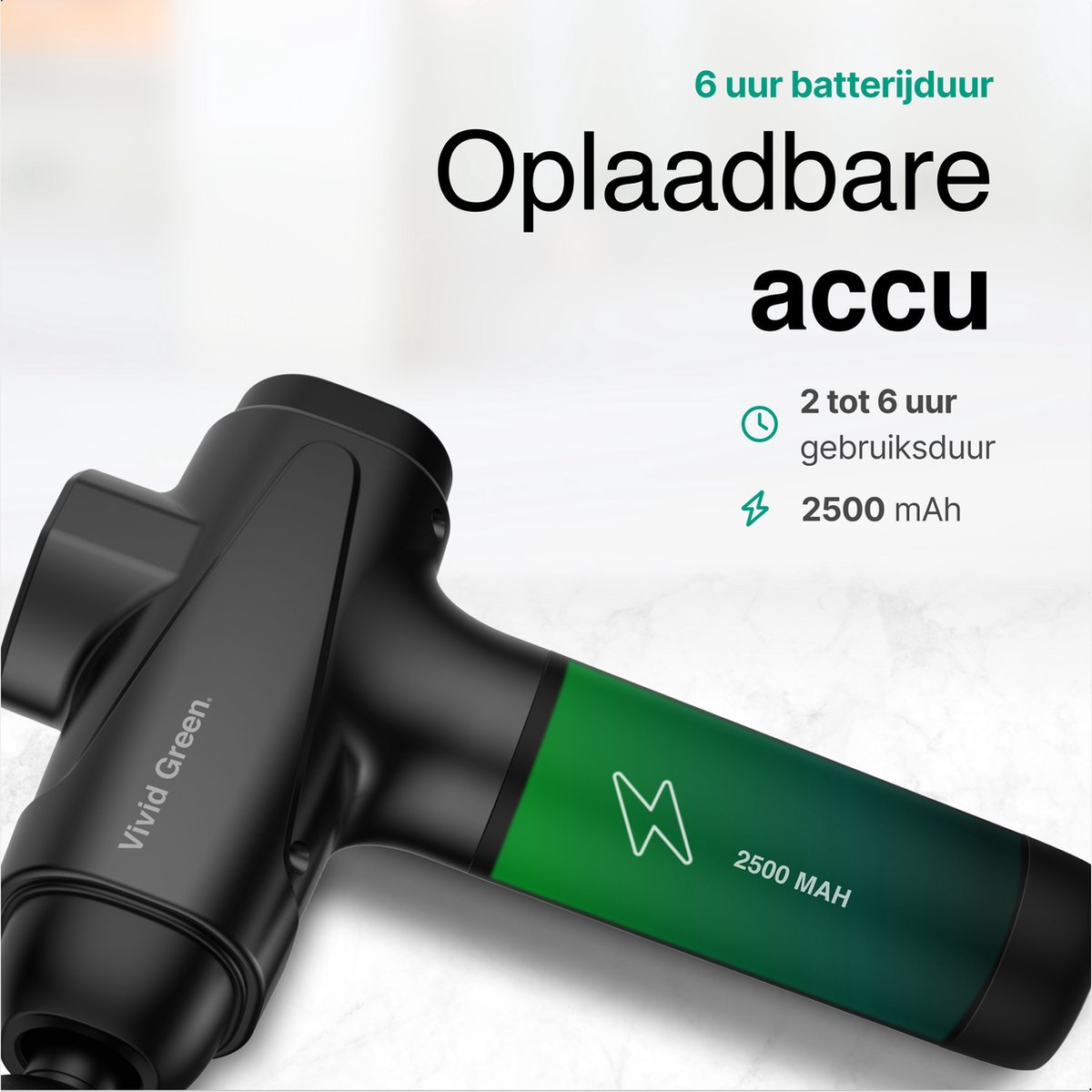Black massage gun with green accents and battery life details.