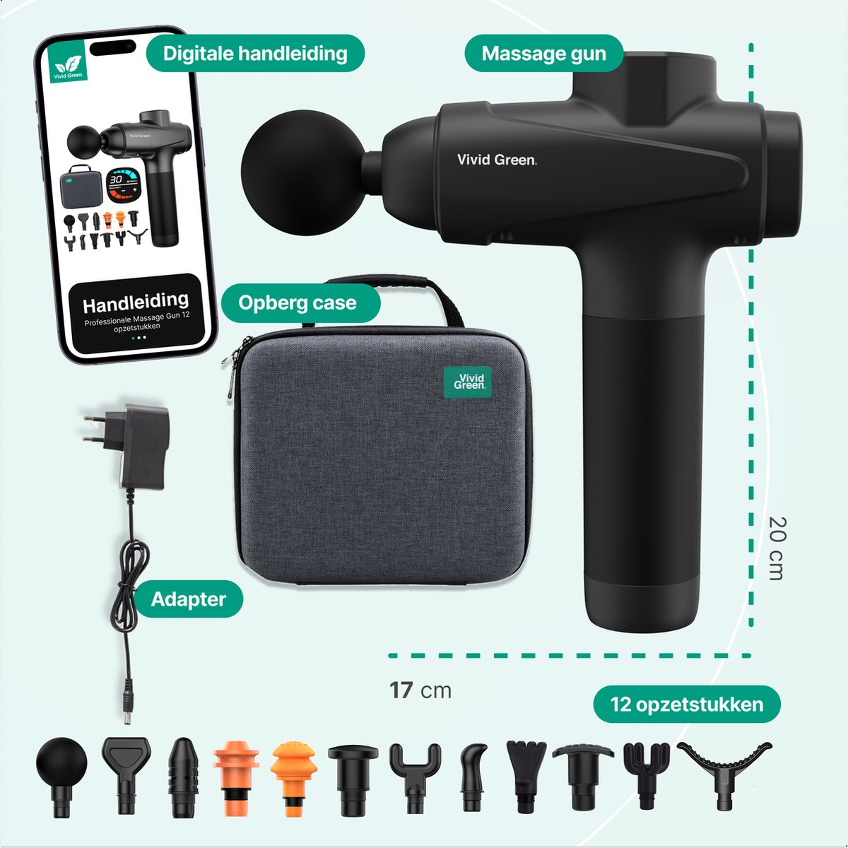 Zwarte massage gun met accessoires: handvat, opbergkoffer, adapter, 12 opzetstukken.
