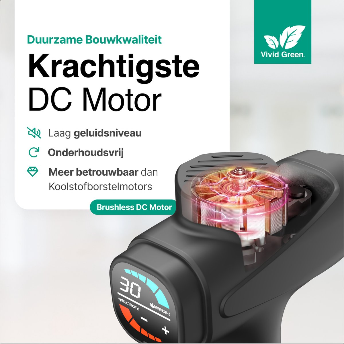 A brushless DC motor with a display and glowing core. "Vivid Green."