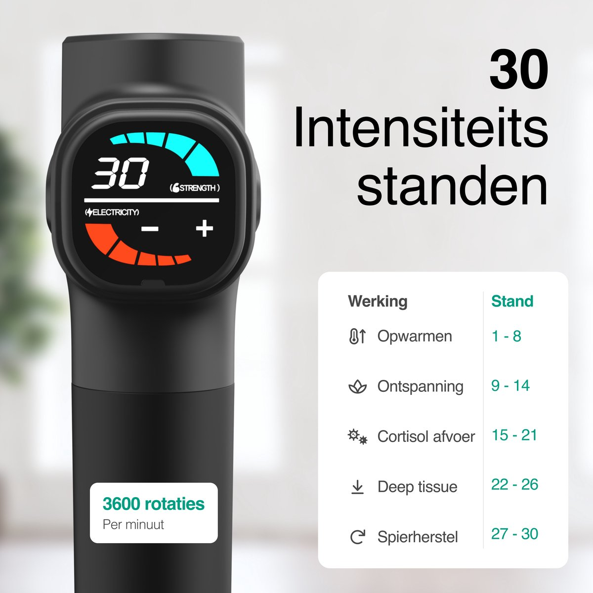 A black massage gun with a screen showing 30 intensity levels and 3600 RPM.