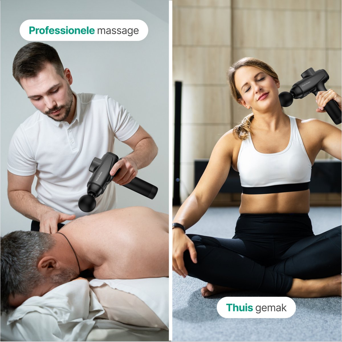 Man gives professional massage with gun; woman uses gun for neck massage at home.