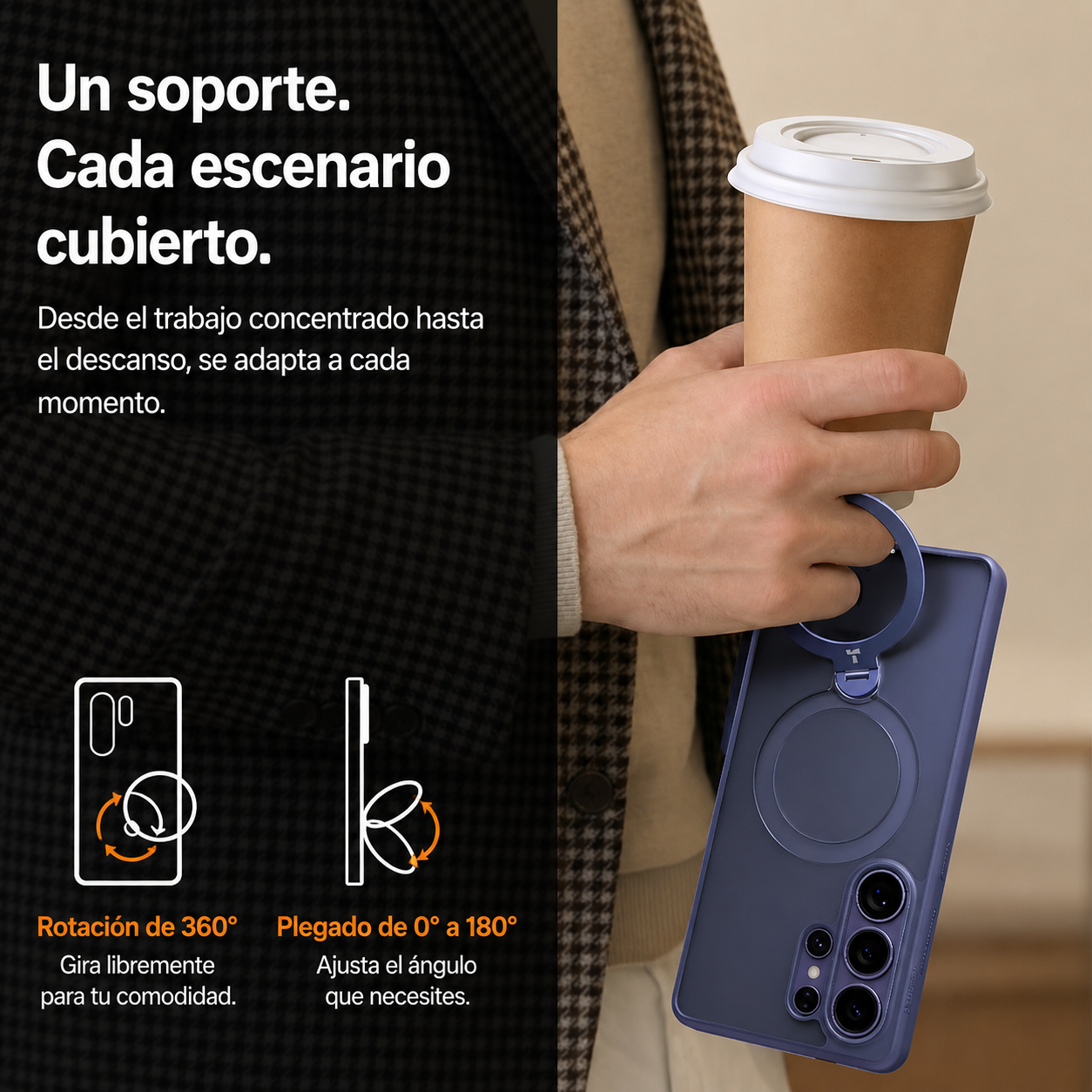 Una persona sostiene una funda de teléfono morada con un anillo y un vaso de café.