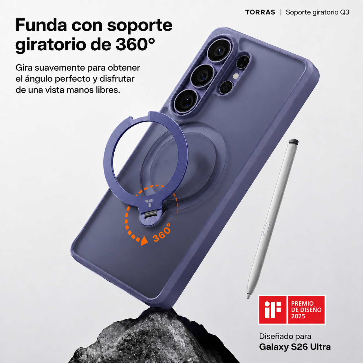 Funda morada para móvil con soporte de anillo 360° y lápiz, sobre roca.