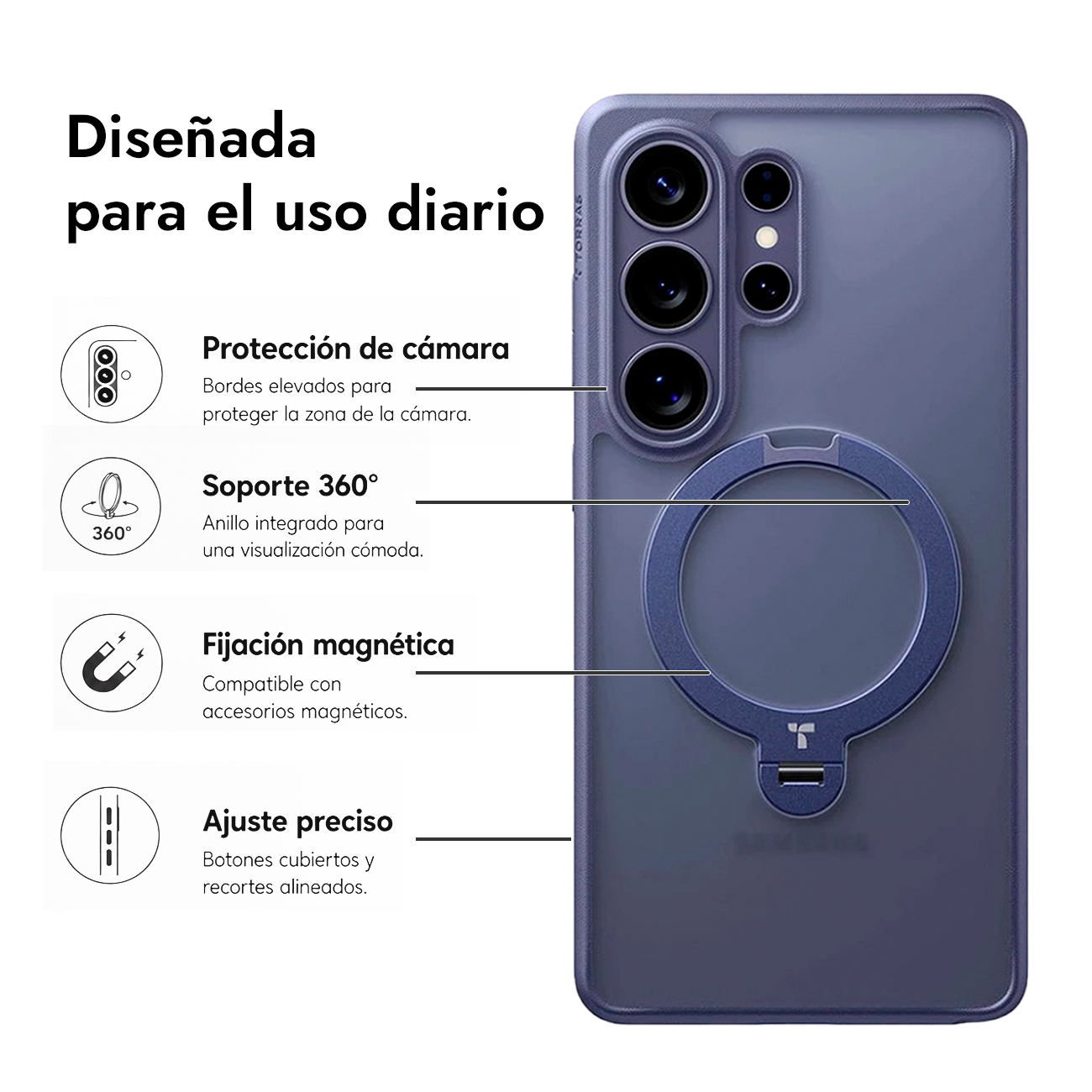 Funda de teléfono con protección de cámara, soporte 360° y fijación.