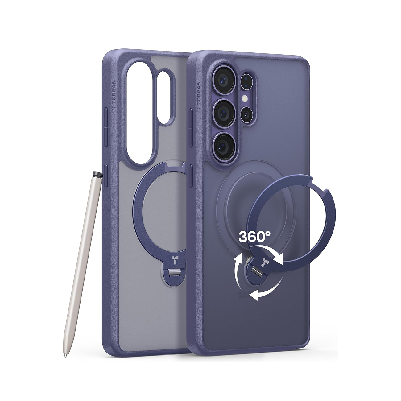 Funda morada para teléfono con anillo de soporte y lápiz.