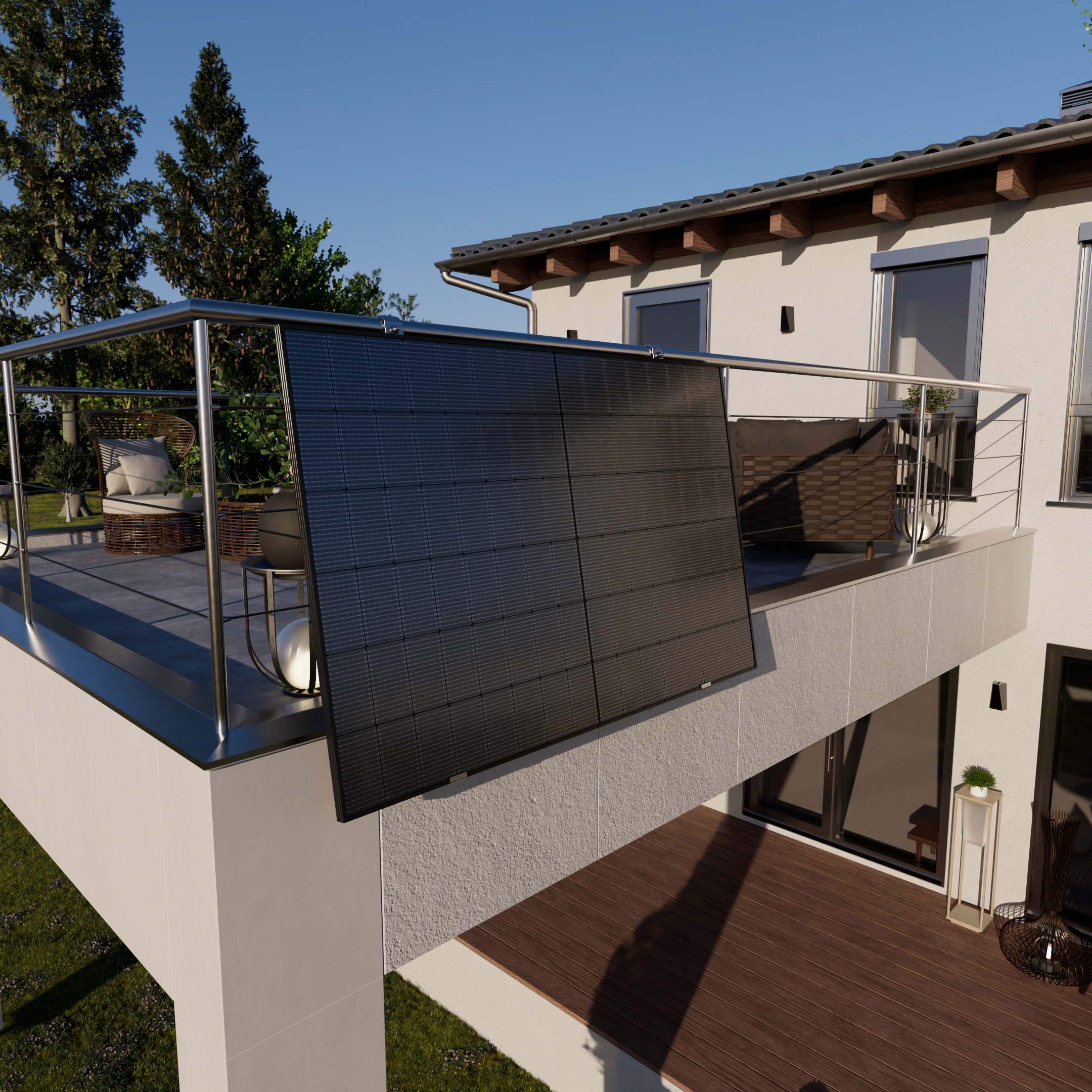 Moderne Terrasse mit Solarmodulen, Möbeln und Pflanzen.