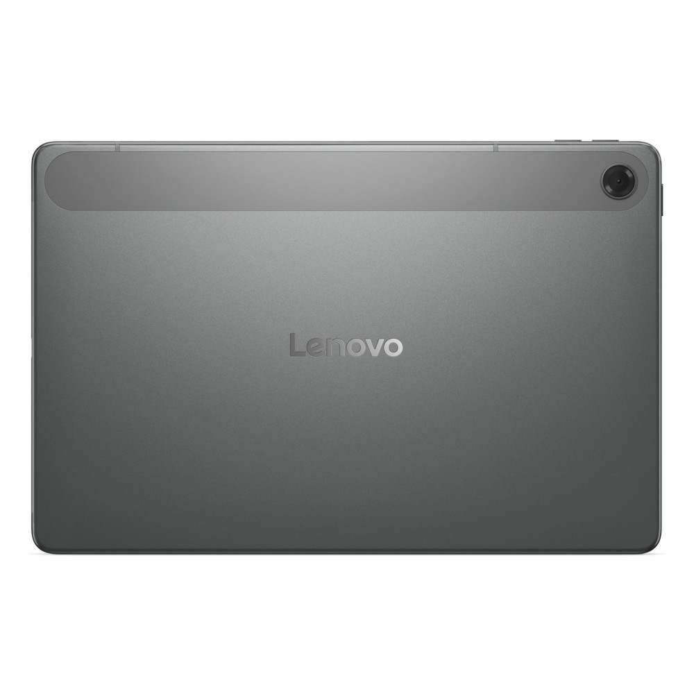 Szary tablet Lenovo widziany od tyłu, z obiektywem aparatu w prawym górnym rogu.