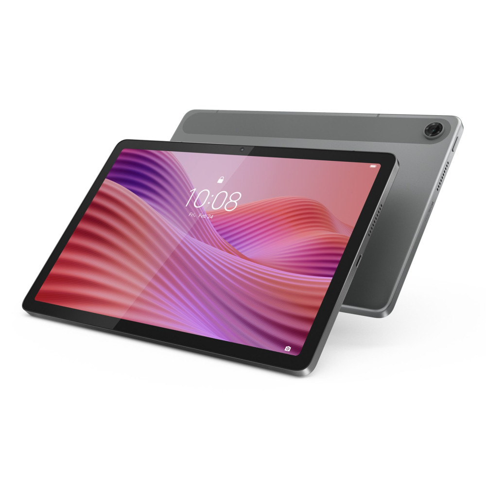 Szary tablet wyświetlający godzinę 10:08 na ekranie z kolorową falistą tapetą.