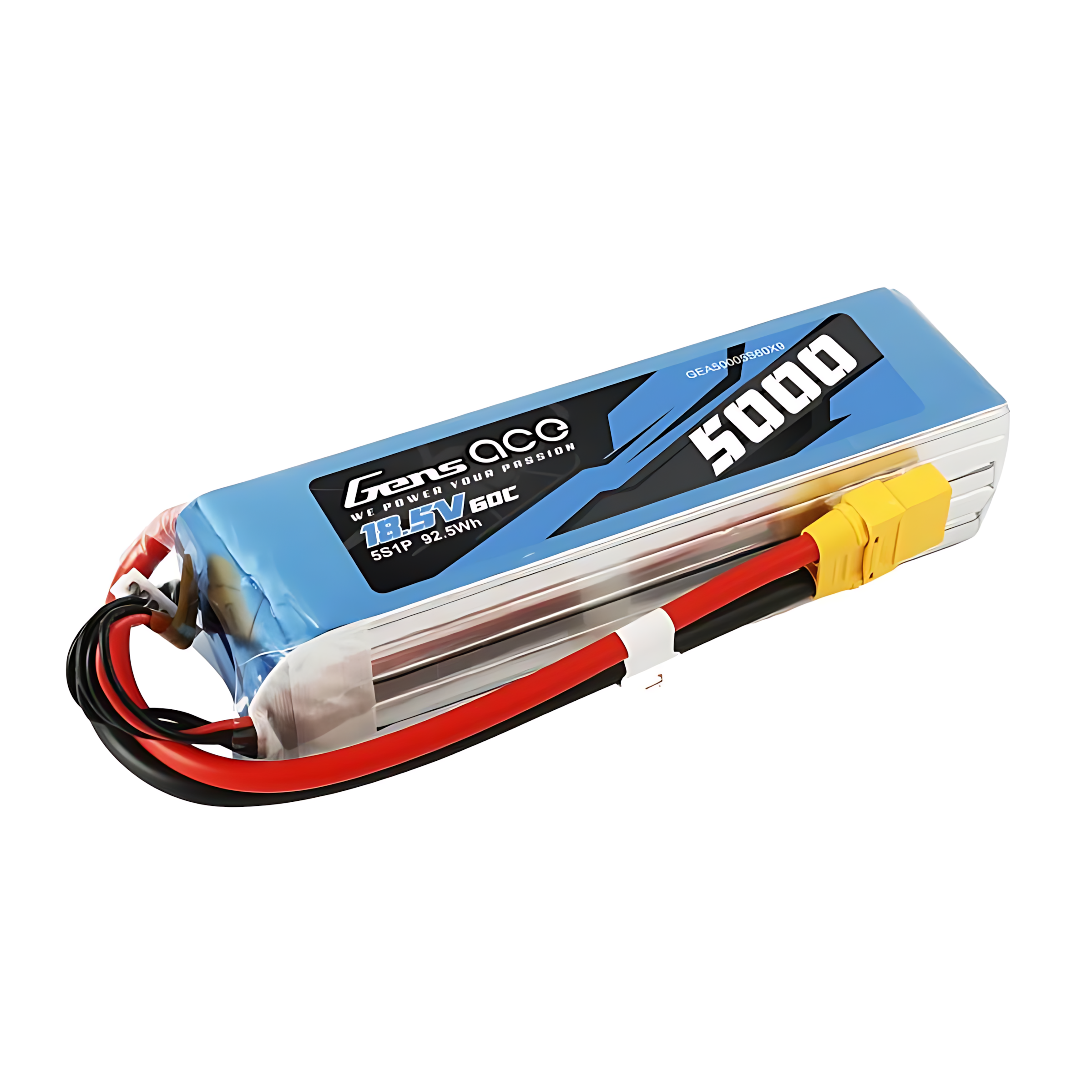 Niebieska bateria LiPo 18,5V 5000mAh z czarnymi i czerwonymi przewodami i żółtym złączem.