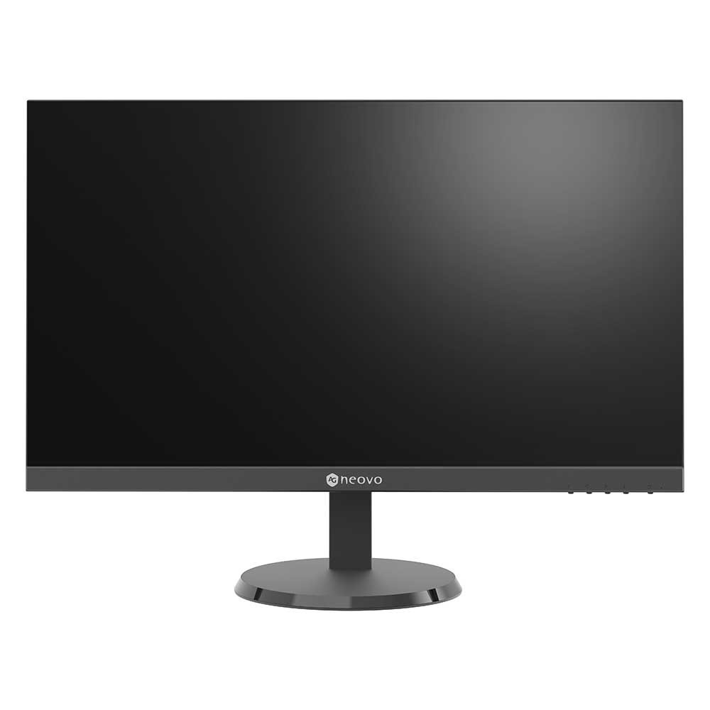 Czarny monitor Neovo z okrągłą podstawą i stojakiem na białym tle.