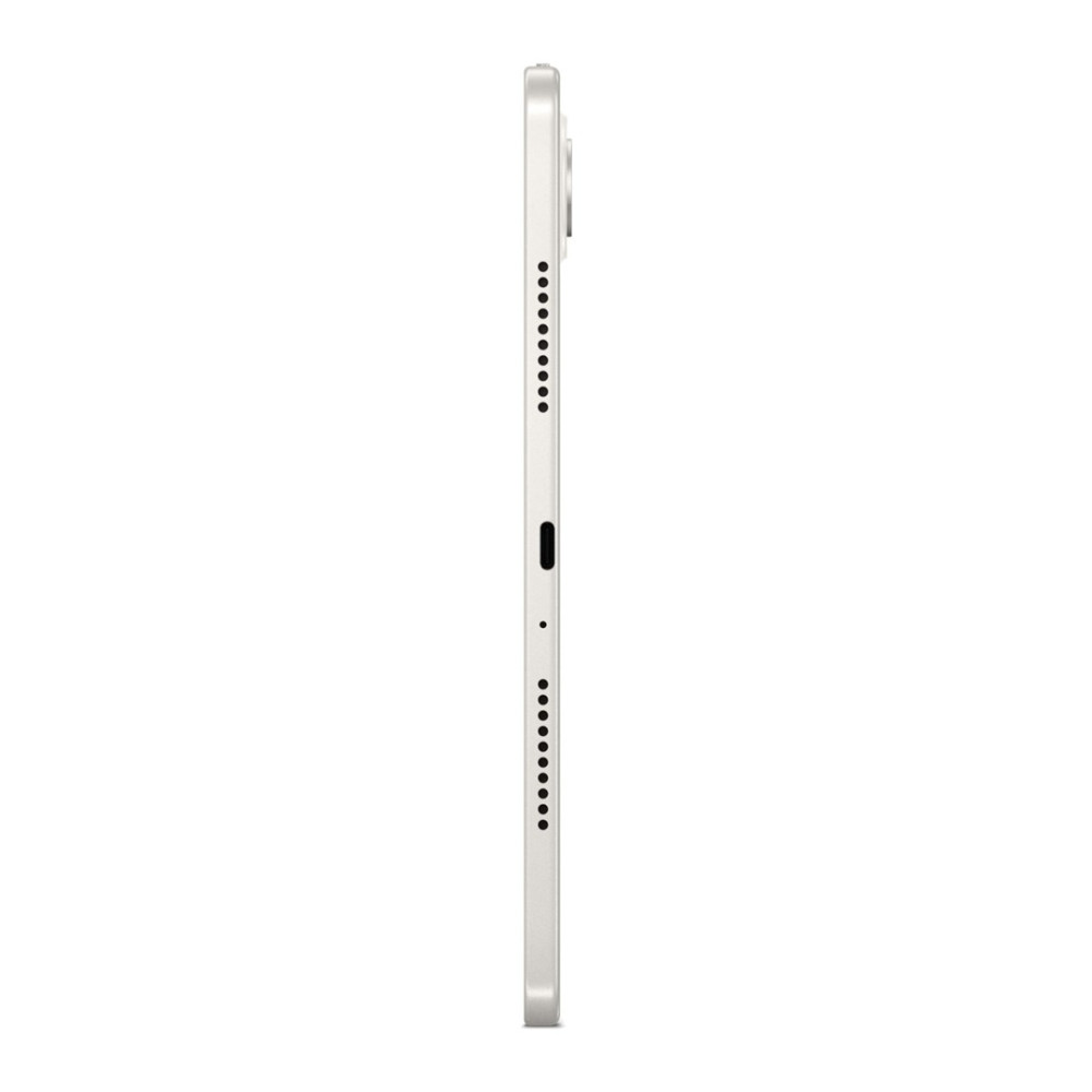 Un tablet argentato mostrato di lato, con porte e griglie dell'altoparlante.