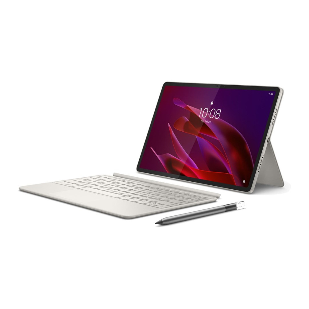 Un tablet argentato con tastiera e stilo su sfondo bianco. Lo schermo mostra le 10:08.