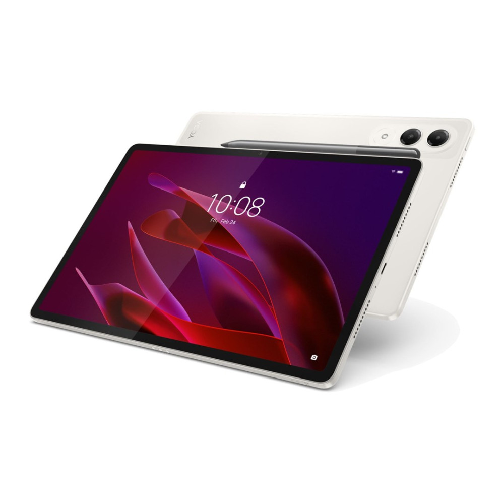 Un tablet bianco con stilo, appoggiato su sfondo bianco. Lo schermo mostra le 10:08.