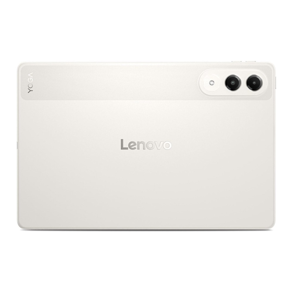 Un tablet Lenovo bianco con logo Yoga e tre fotocamere sul retro.