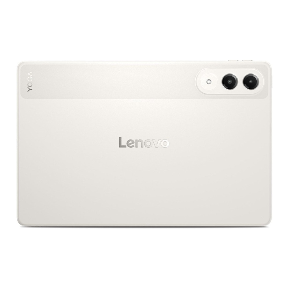 Retro di un tablet Lenovo bianco con due fotocamere e logo Lenovo.