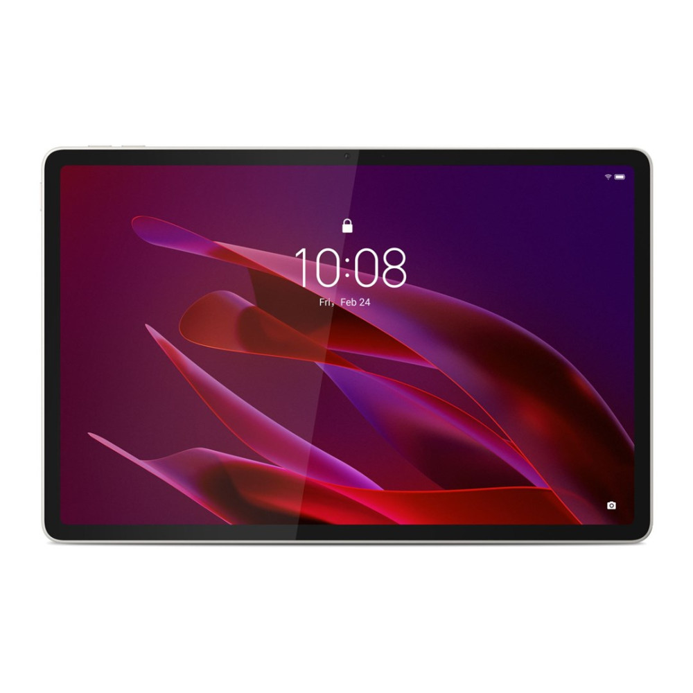 Un tablet argentato mostra uno schermo viola con un motivo astratto rosso e l'ora 10:08.