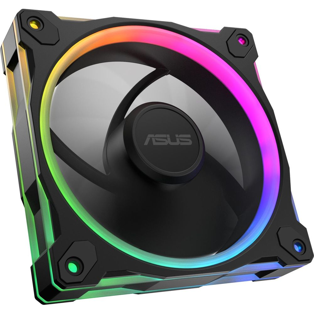 ASUS logolu, RGB aydınlatmalı siyah PC fanı.