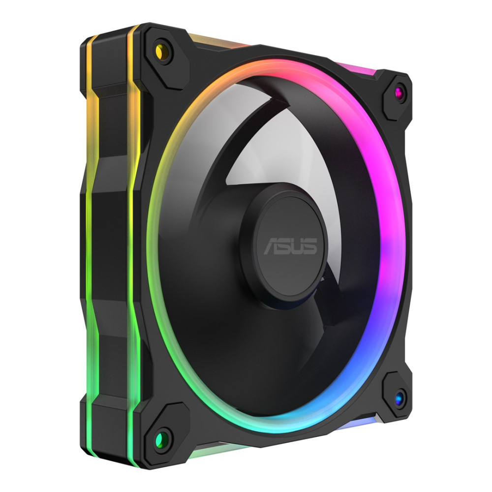 Ortasında ASUS logosu bulunan siyah RGB aydınlatmalı bilgisayar fanı.