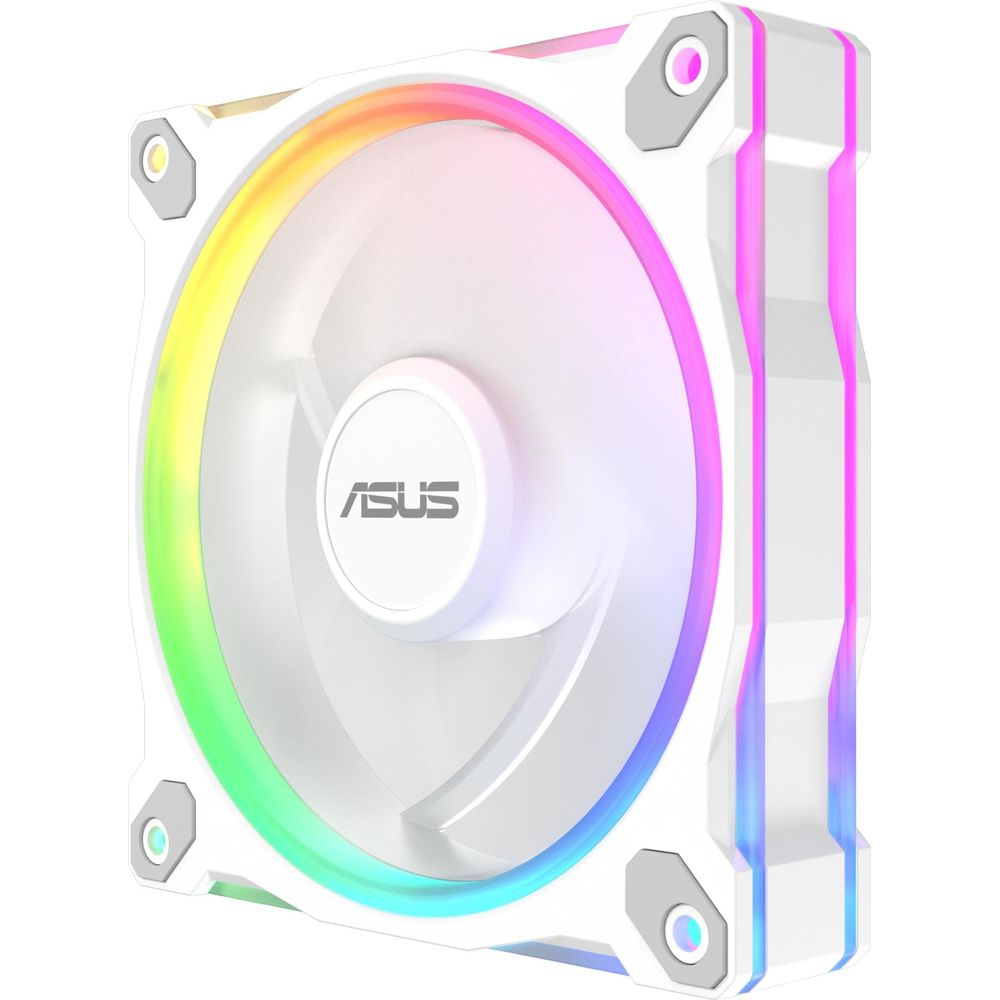 Una ventola PC bianca con illuminazione RGB e logo ASUS.