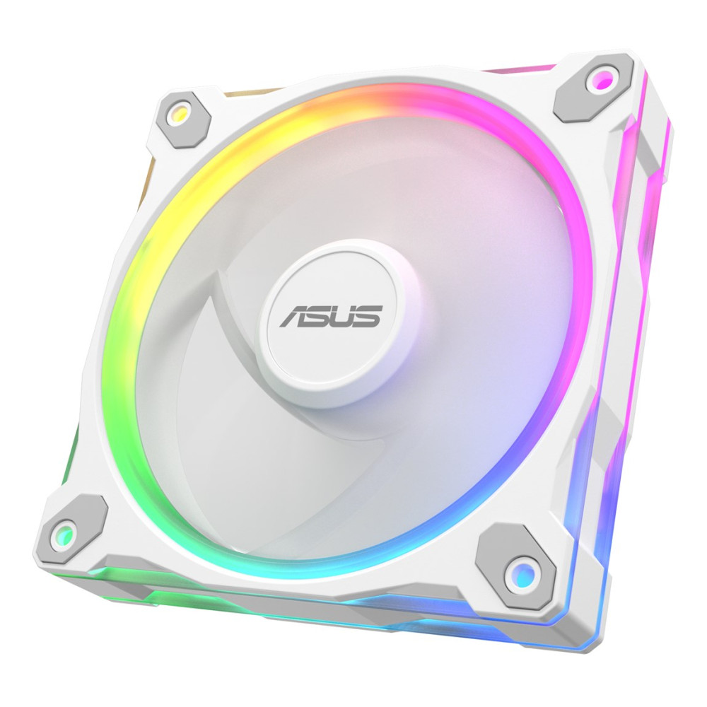 Una ventola PC bianca con illuminazione RGB e logo Asus.