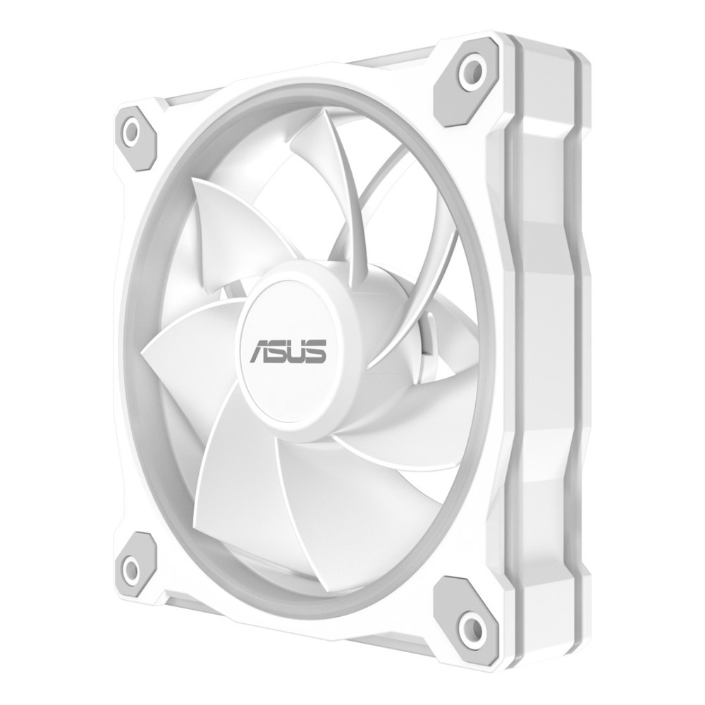 Una ventola PC bianca con logo ASUS al centro e angoli grigi.