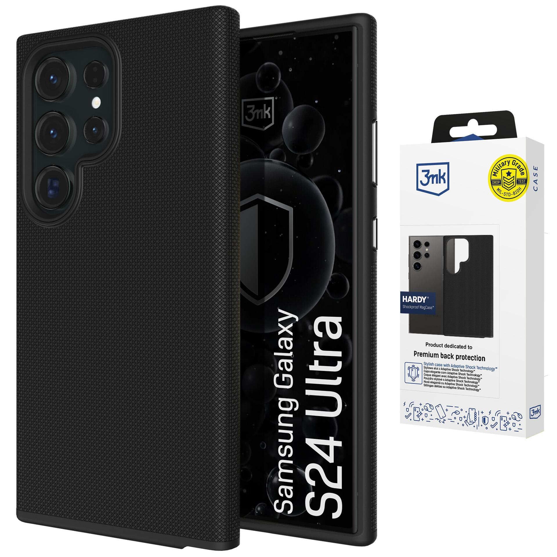 Czarne etui na telefon do Samsung Galaxy S24 Ultra obok opakowania.