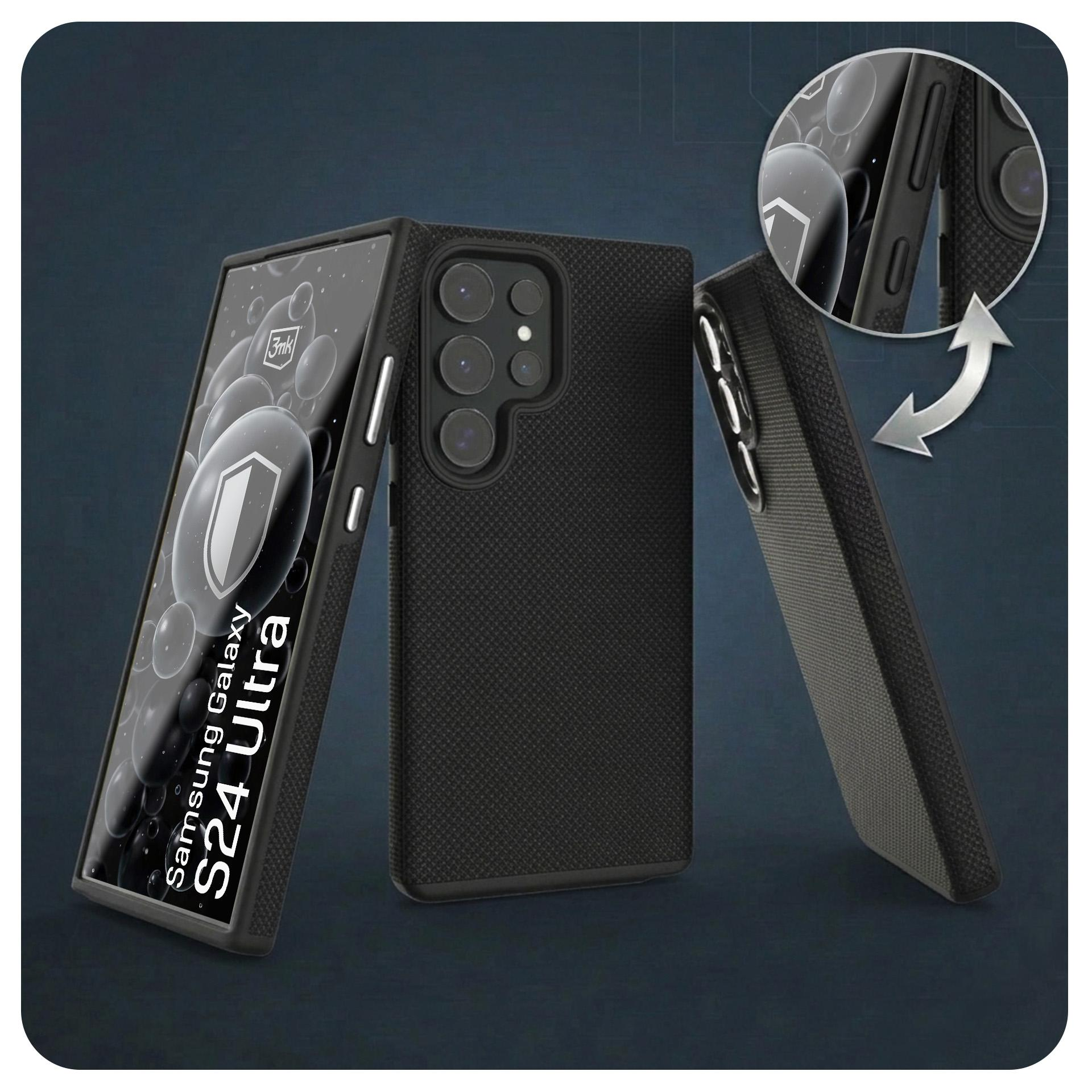 Trzy czarne etui na Samsung Galaxy S24 Ultra, jedno z ekranem.