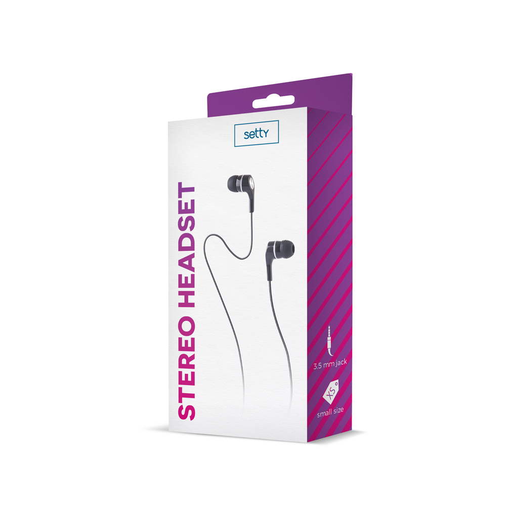 Słuchawki stereo Setty w pudełku, czarne słuchawki z wtyczką 3,5 mm, mały rozmiar.