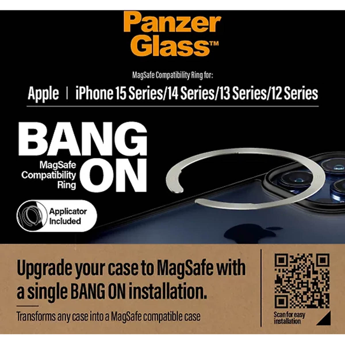 Anello MagSafe Panzer Glass per iPhone. Include applicatore. Installazione facile.