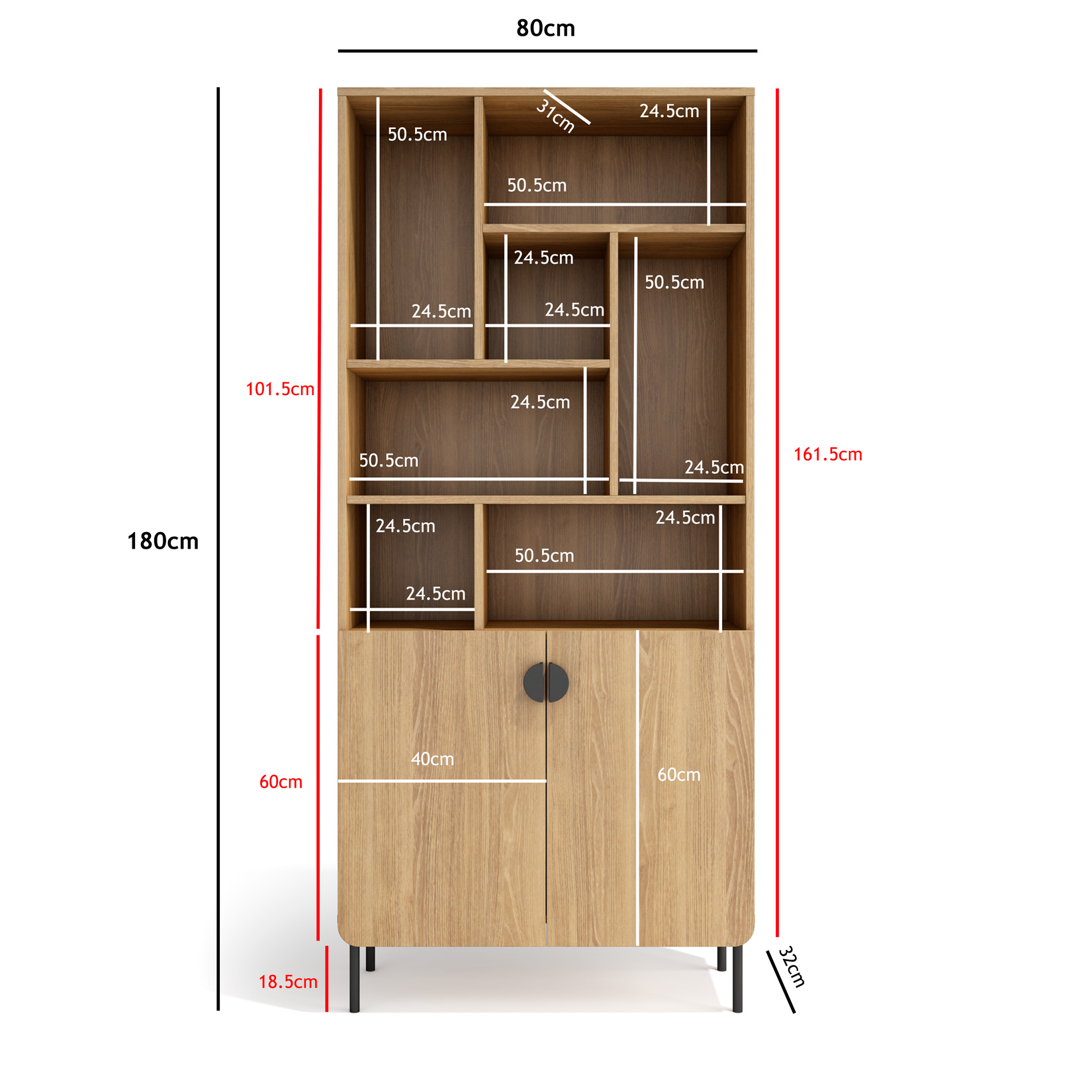 Una estantería de madera con compartimentos abiertos y dos puertas abajo.