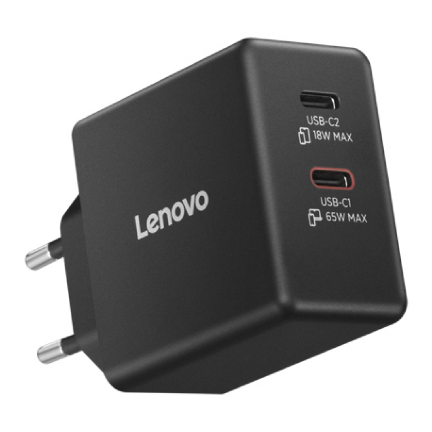 Czarna ładowarka Lenovo USB-C z dwoma portami: USB-C2 (18W) i USB-C1 (65W).