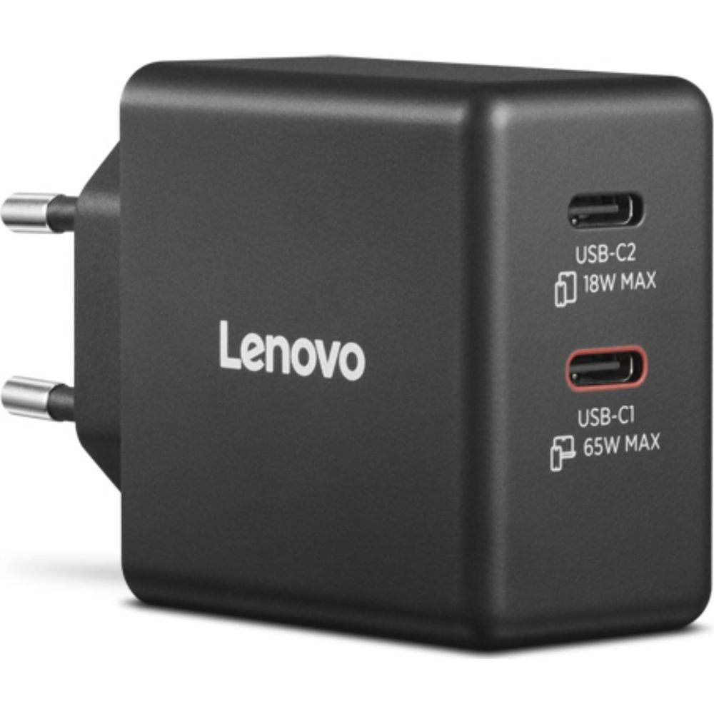 Czarna ładowarka Lenovo z dwoma portami USB-C, 18W i 65W.