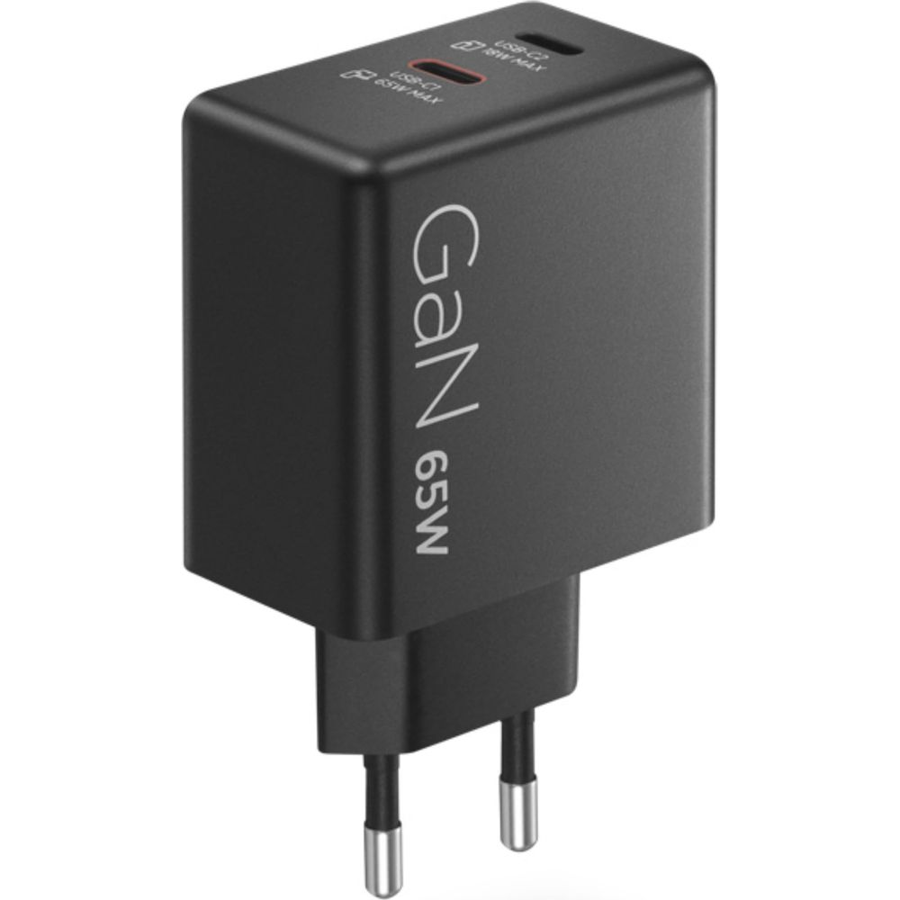 Czarna, kompaktowa wtyczka ładowarki USB-C GaN 65W z dwoma pinami.