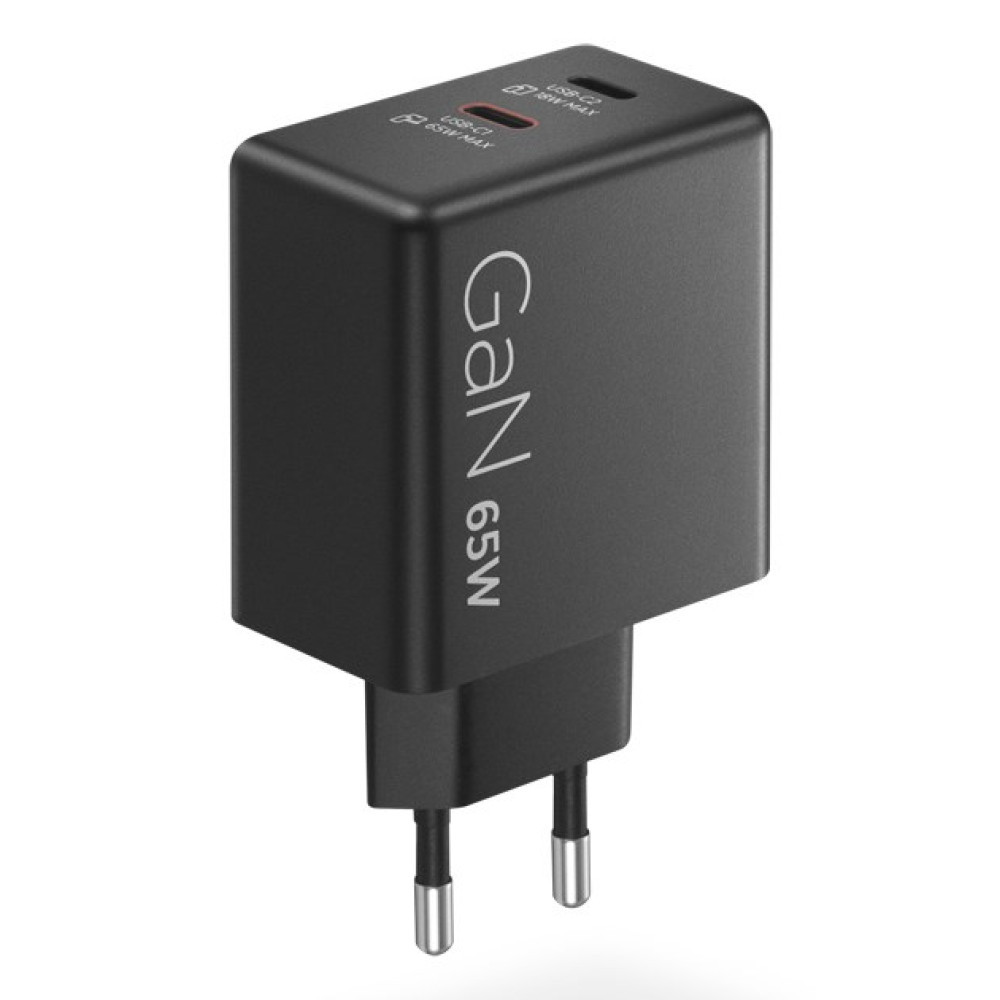 Czarna ładowarka USB-C GaN 65W z dwoma portami i składanymi bolcami.