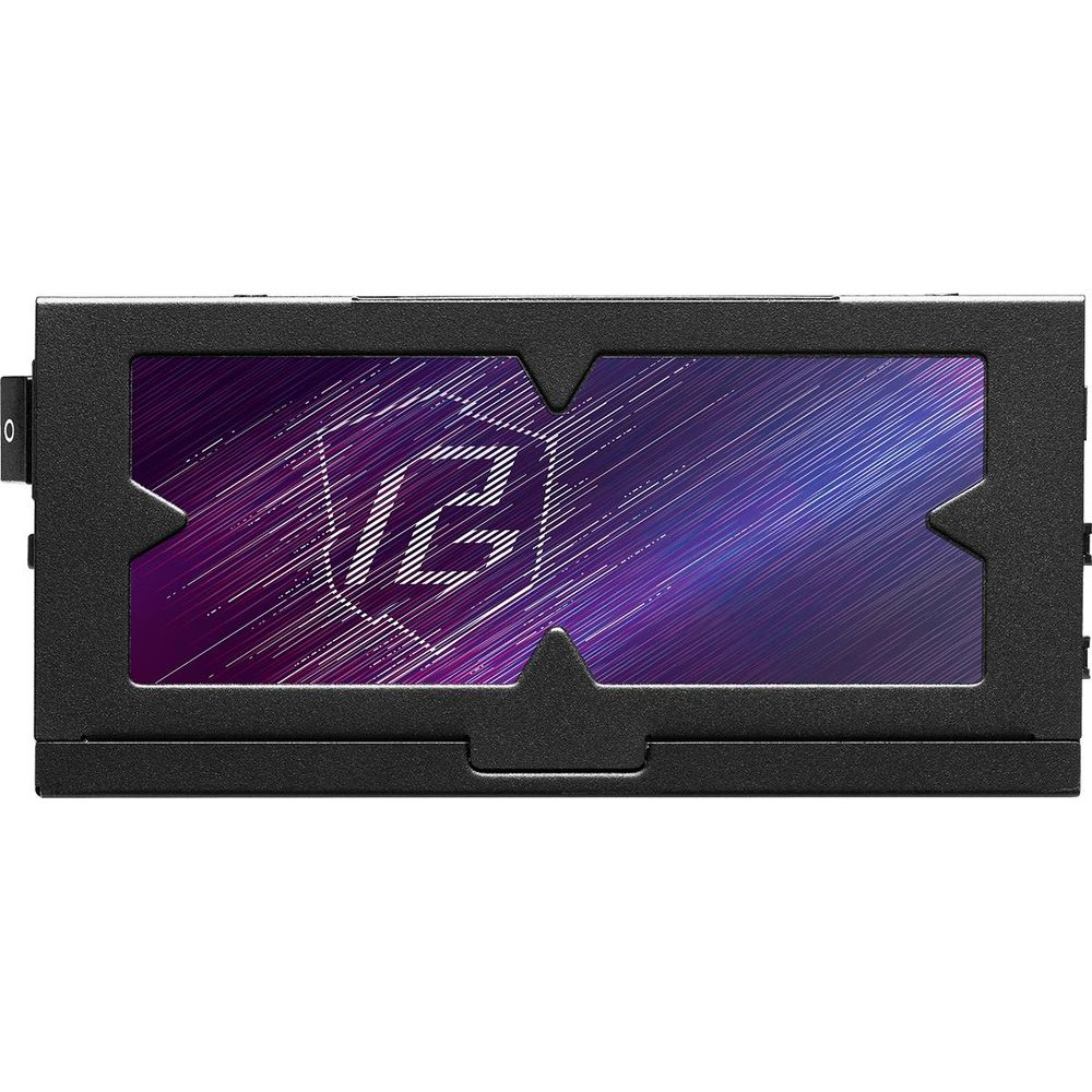 Czarne etui z białym, stylizowanym logo na tle gradientu fioletowo-niebieskiego.