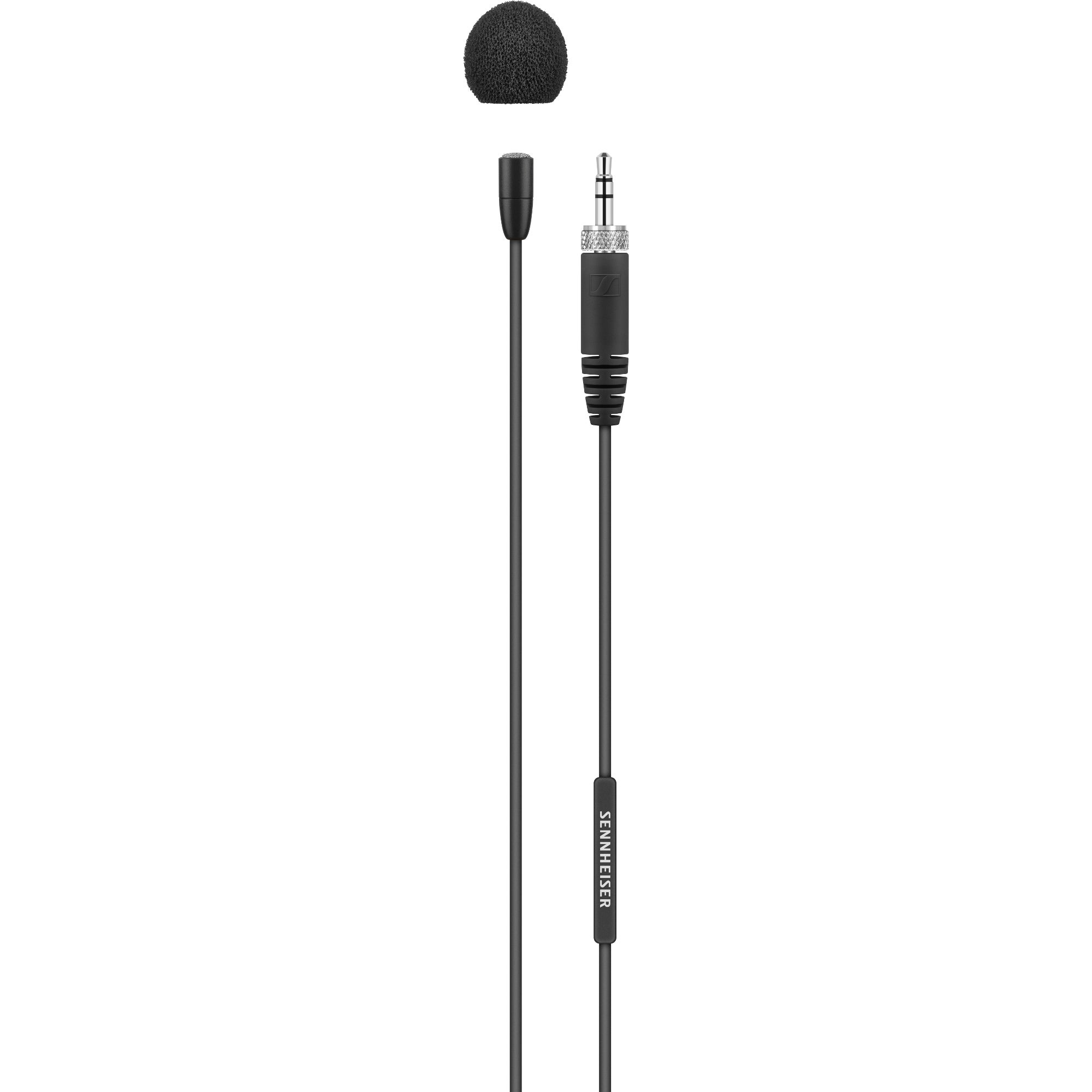 Czarny mikrofon krawatowy z odpinaną osłoną przeciwwietrzną i wtyczką jack 3,5 mm.