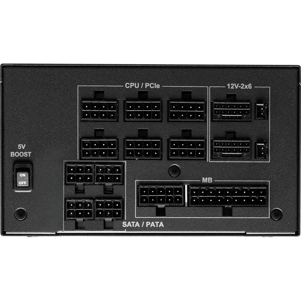Czarny zasilacz z złączami CPU/PCIe, 12V-2x6, SATA/PATA i MB.