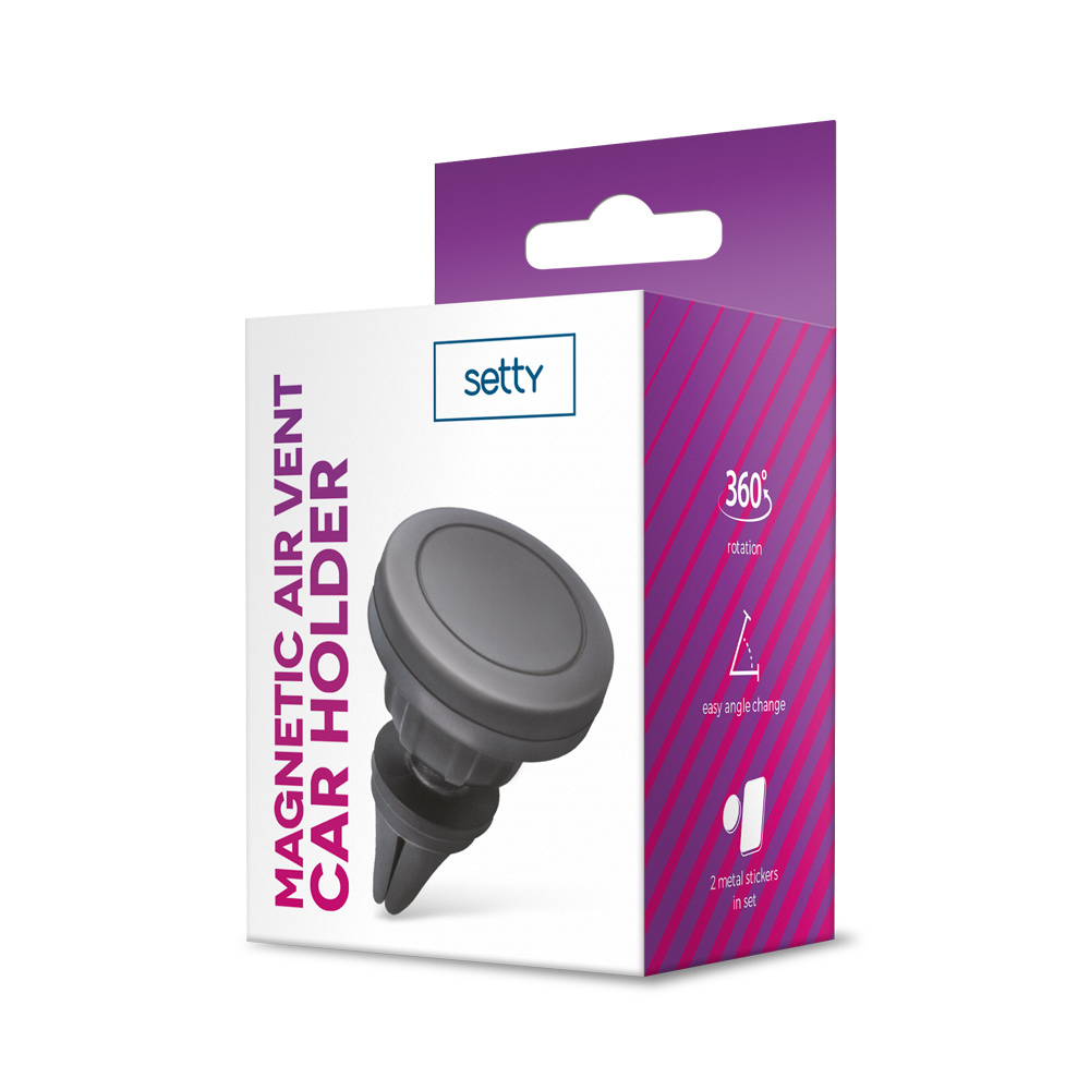 Opakowanie szarego magnetycznego uchwytu samochodowego na kratkę wentylacyjną z logo Setty.