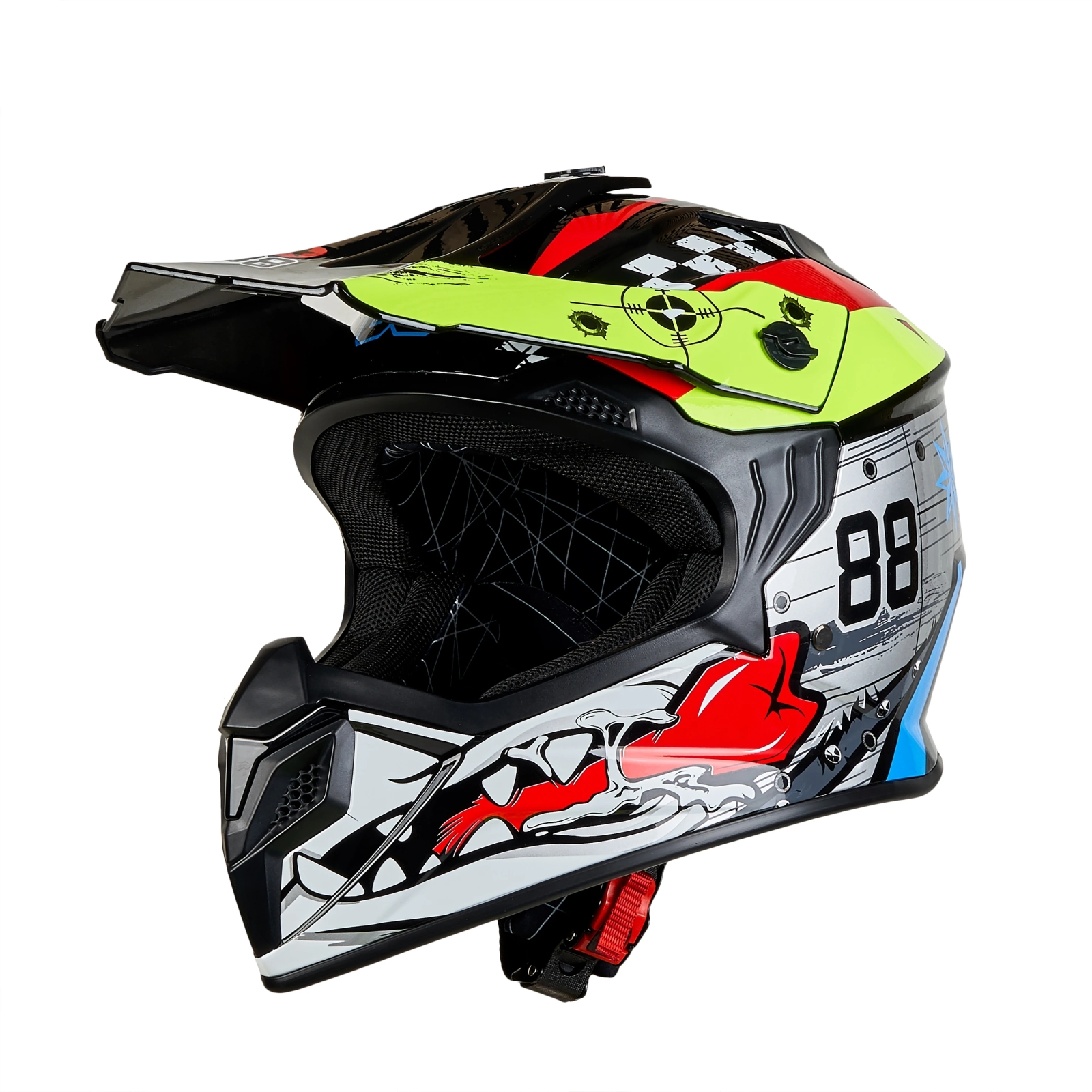 Un casco de motocross colorido con diseños rojos, amarillos y negros, número 88.