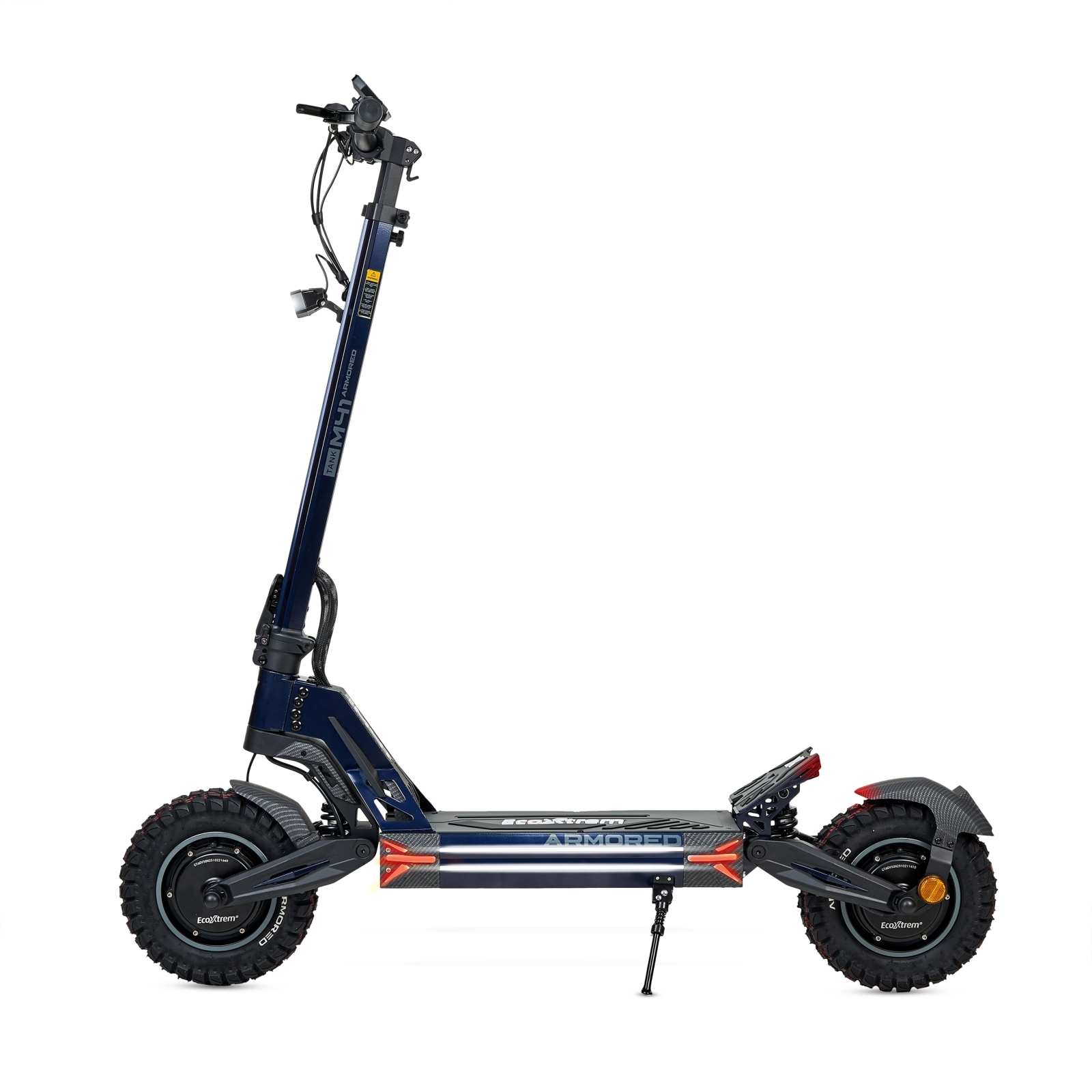 Patinete eléctrico azul oscuro con neumáticos grandes y luz delantera.