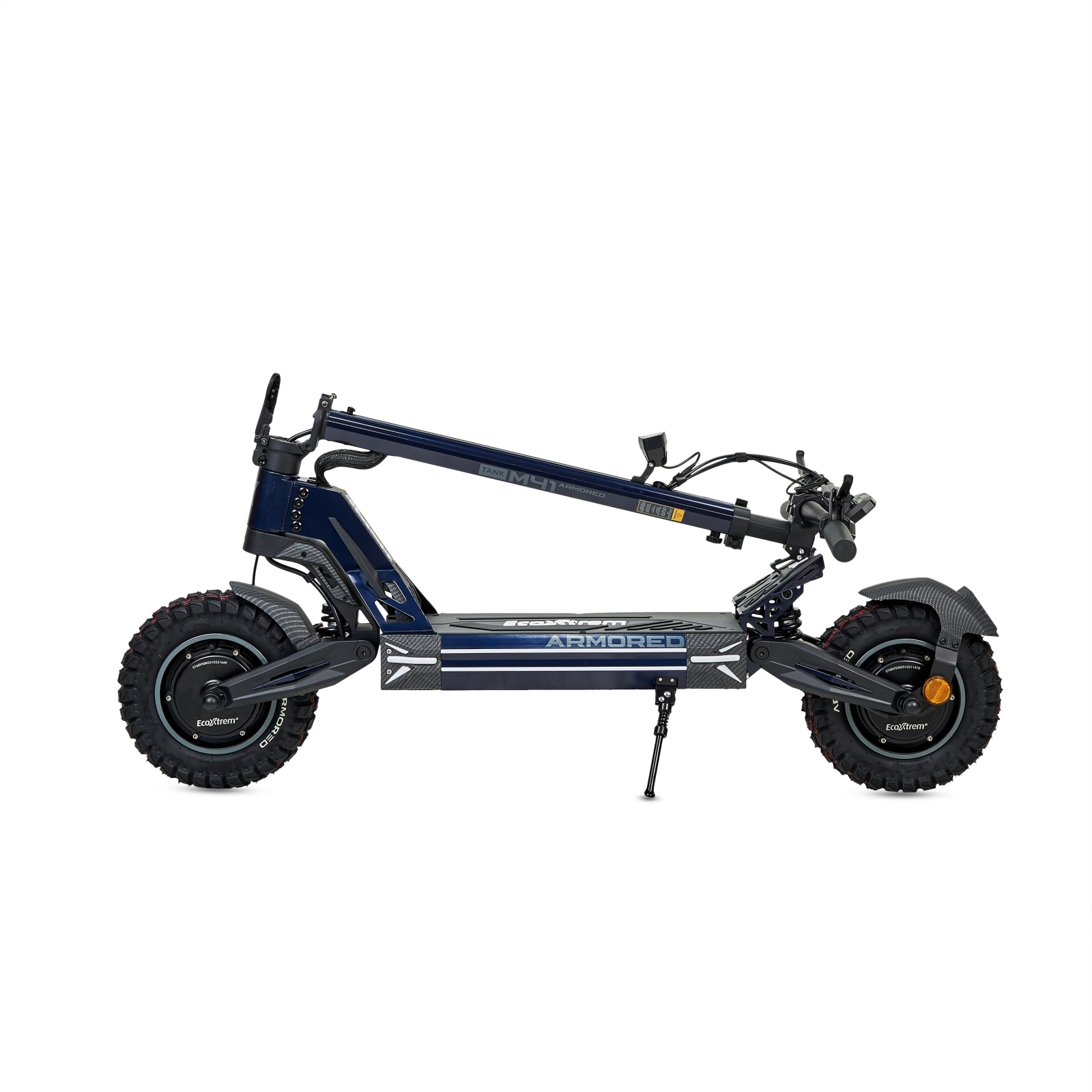 Patinete eléctrico azul oscuro con ruedas grandes y suspensión.
