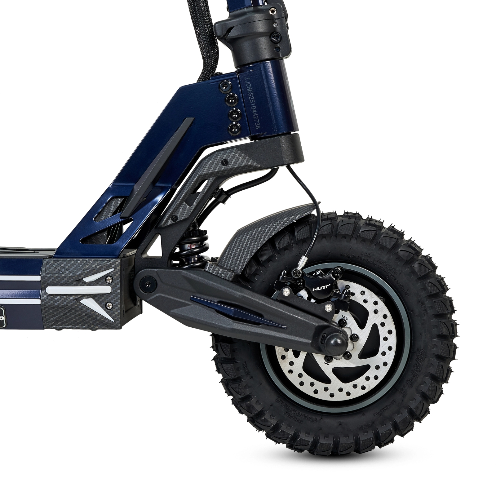 Suspensión delantera de patinete eléctrico azul oscuro con amortiguador y freno de disco.