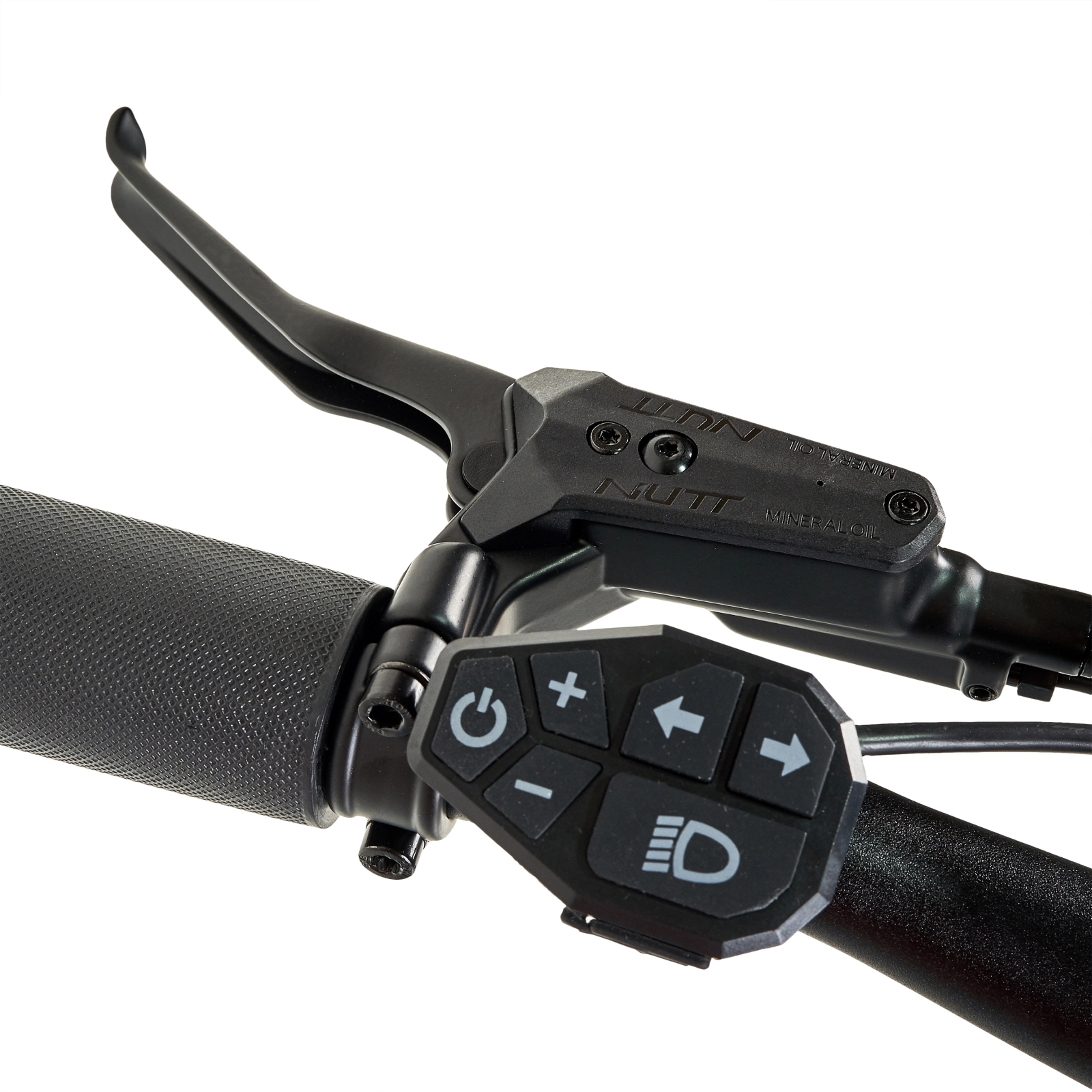 Manillar de bicicleta negro con palanca de freno y panel de control.