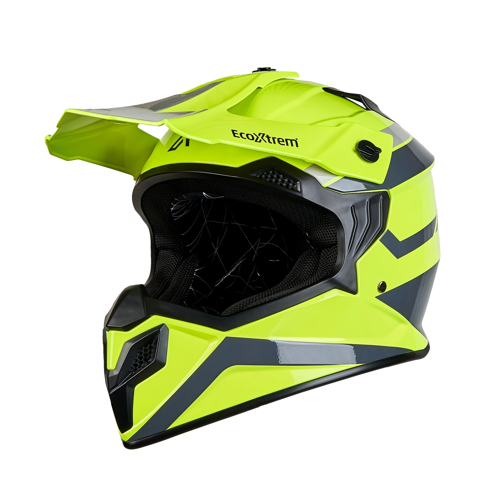 Casco de motocross amarillo neón con detalles grises y ventilación.