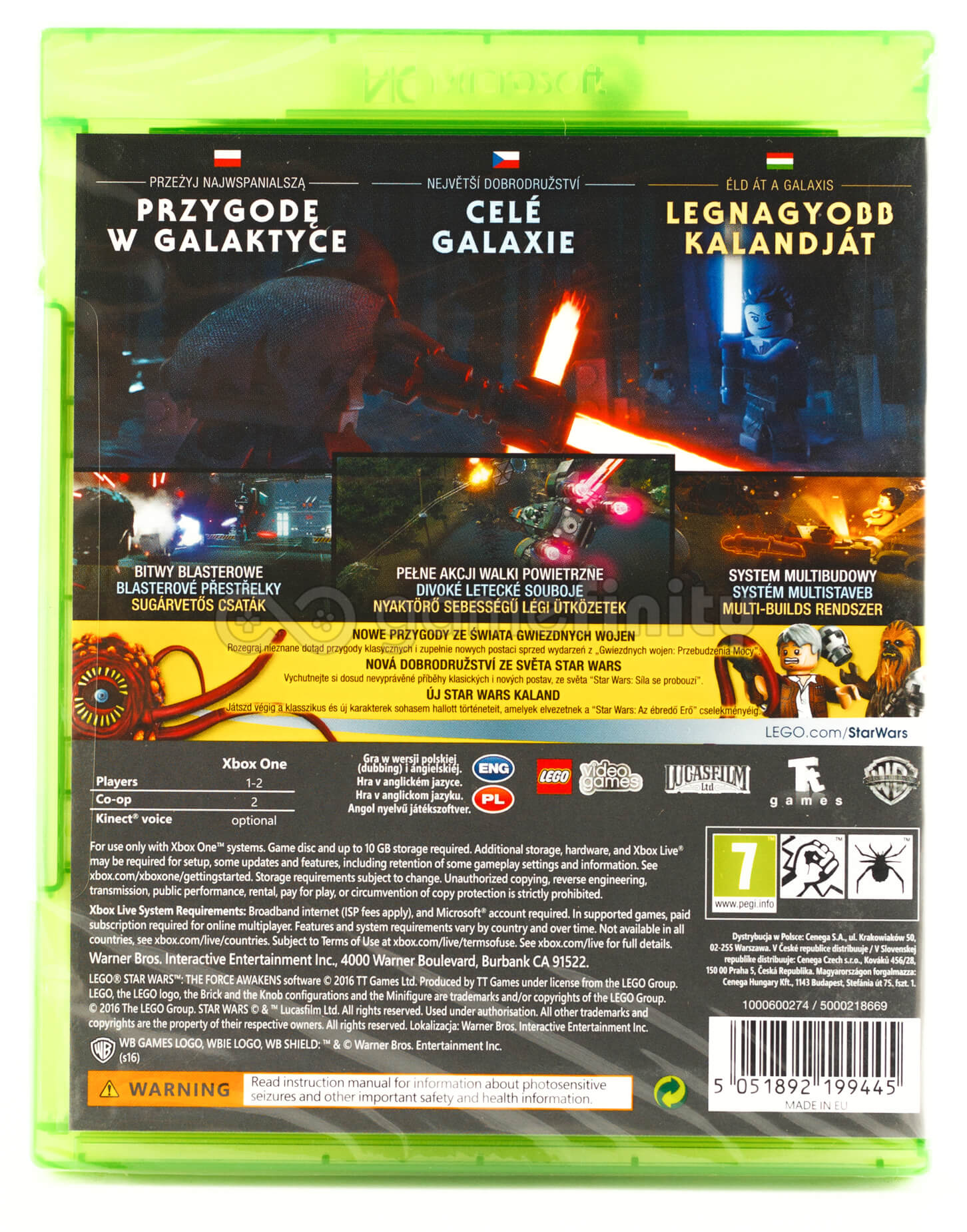 Okładka gry Xbox One z postaciami LEGO Star Wars, mieczami świetlnymi i tekstem w wielu językach.