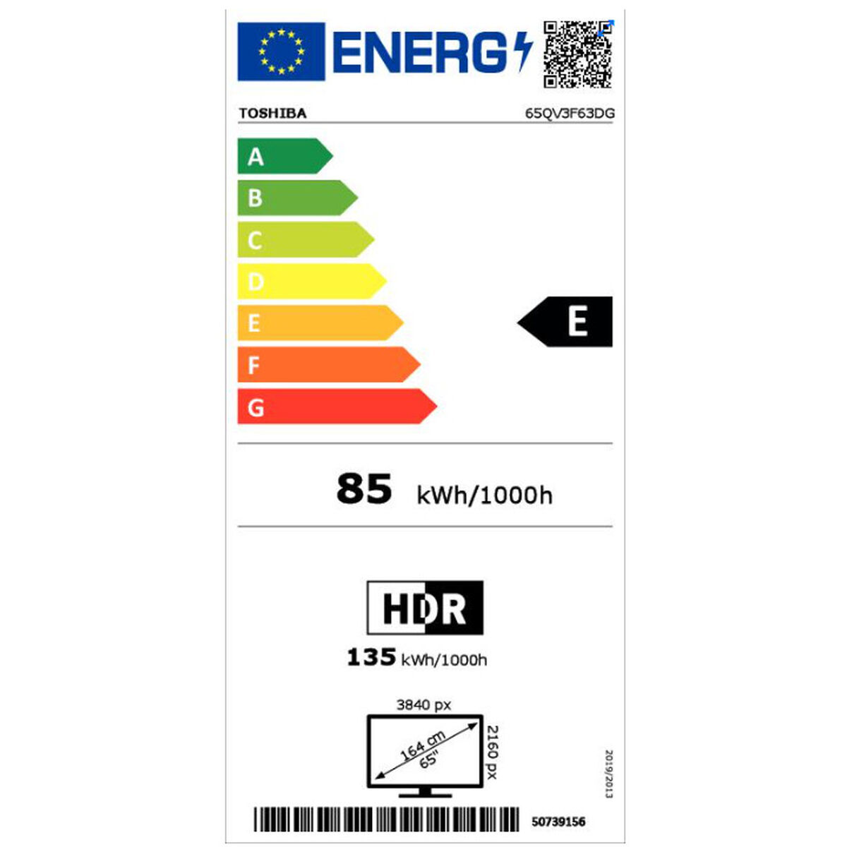 Etiqueta energética Toshiba TV, clase E, 85 kWh/1000h.