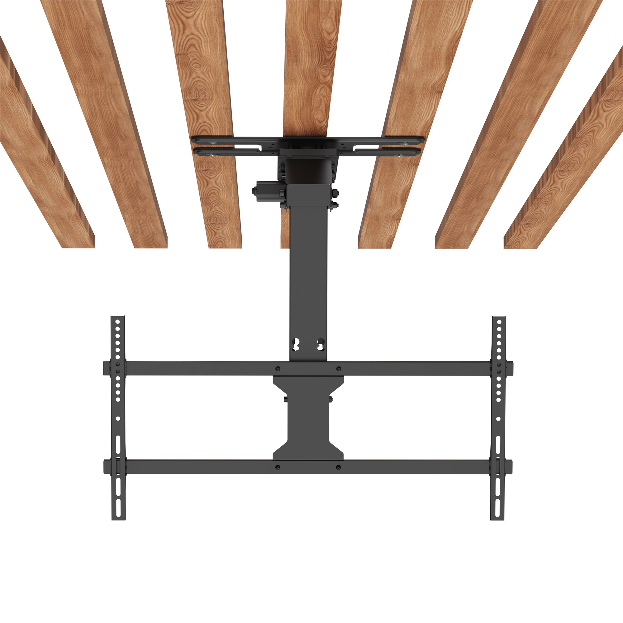 Ein schwarzer TV-Halter hängt von Holzdeckenbalken, zeigt ein Gestell.