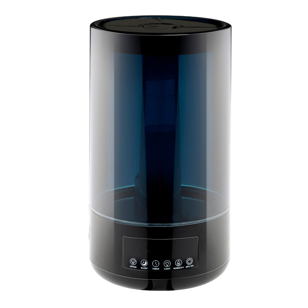 Black humidifier with a transparent blue tank and control panel buttons.